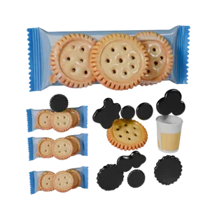 Snack Cookie Pack Stylisches 3D-Modell, stilisierte isometrische Darstellung, die Karton und Paketmasse zeigt.