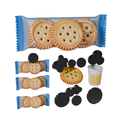Snack Cookie Pack Stylized 3D model, stylized isometric render, showing cardboard, package massing.