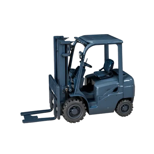 Warehouse Forklift Stylized 3D model, stylized isometric render, showing painted steel, large mechanical silhouettes.