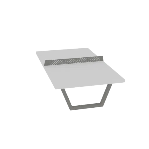 A 3D model of a modern ping pong table with a light gray surface, a perforated net, and a sleek, angular gray base, set again