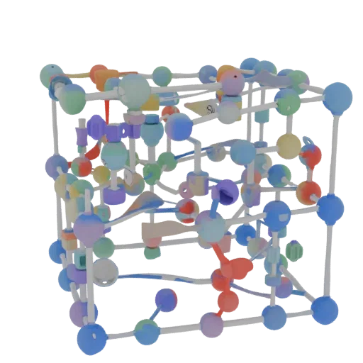 Organic Crystal Lattice Education 3D model, three-quarter training render, showing colored spheres, molecule layout.