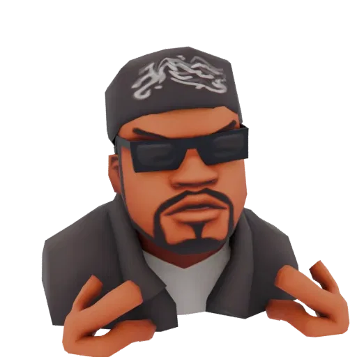 3D model of a stylized gangster character wearing a bandana and sunglasses, with hands raised in a confident pose.
