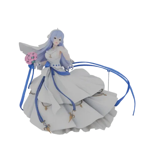 3D model of an anime bride in a white wedding dress with blue ribbons, holding a pink bouquet.