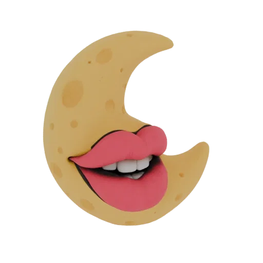 Modello 3D di una luna crescente gialla con grandi labbra rosa sorridenti e contorno nero, su sfondo bianco.