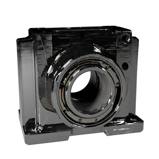 Machined Bearing Block 3D model, side profile view, technical viewport render, showing machined metal, form detail.
