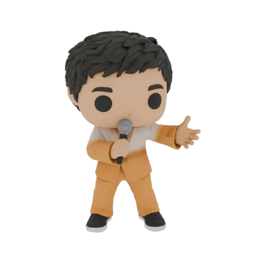 3D model of a chibi singer in an orange suit holding a microphone, with a dynamic pose.