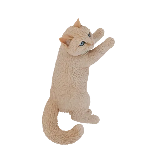 Un modelo 3D de un gato color crema con ojos azules, capturado en una pose juguetona de escalada contra un fondo blanco.
