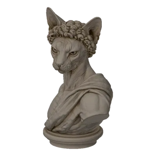 3D model of a Sphinx cat bust wearing a laurel wreath, with draped classical robes, set against a black background.