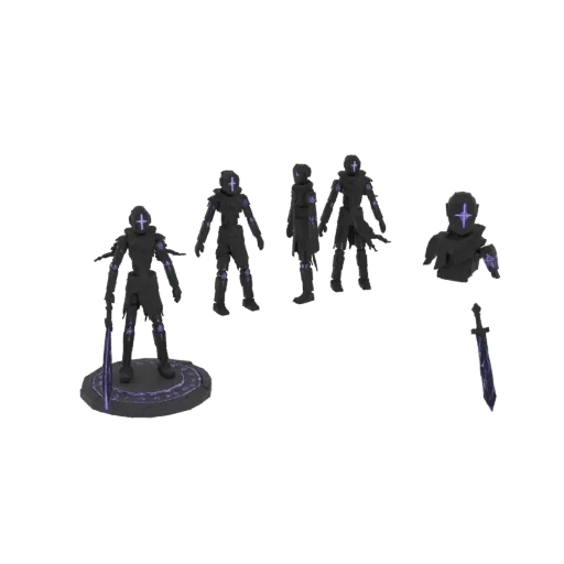 3D model of a dark knight figure with glowing purple runes on armor and base, set against a black background.