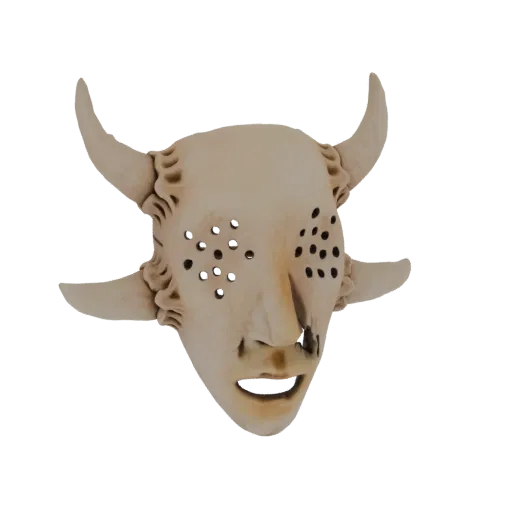 3D model of a demonic bull mask with horns and multiple eye holes, rendered in a neutral tone.