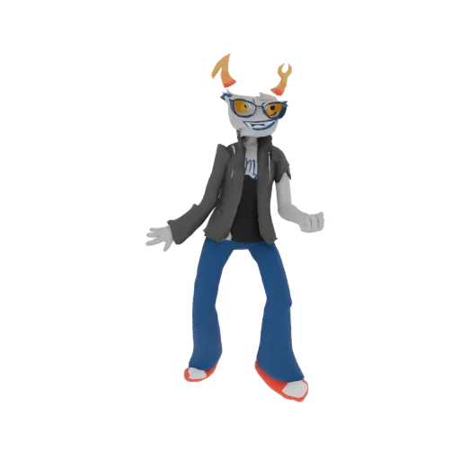 Modèle 3D de troll stylisé avec cornes orange, lunettes, peau grise et vêtements décontractés, en pose dynamique.