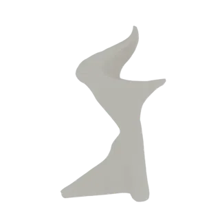 A 3D render of a smooth, light gray abstract sculptural form with flowing curves and an organic, dynamic shape against a whit