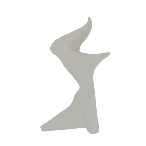A 3D render of a smooth, light gray abstract sculptural form with flowing curves and an organic, dynamic shape against a whit