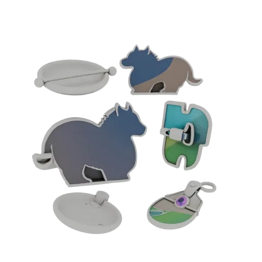 Animal Motif Lapel Pin product viz 3D model, top-down studio render, with clean topology and PBR shading on the brooch.