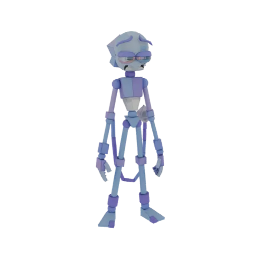 3D render of a sad robot character with blue and purple segmented limbs and a weary expression, standing against a white back