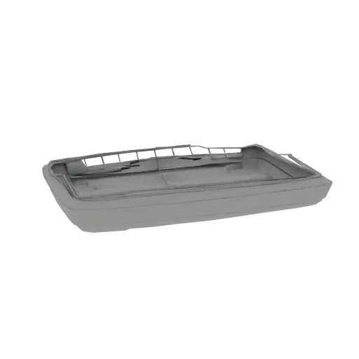 Un rendering 3D di uno scafo yacht moderno con ringhiere dettagliate, presentato in un materiale grigio neutro.