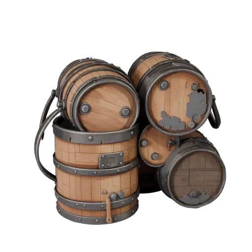Industrial Barrel Stylized 3D model, stylized isometric render, showing wood planks, stackable massing.