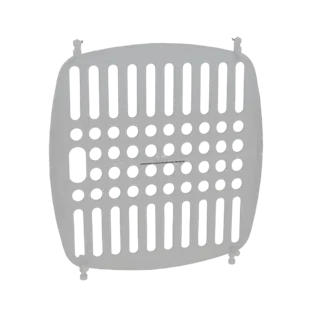 A 3D render of a white, square pet carrier insert with a pattern of vertical slits and circular holes for ventilation.