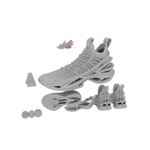 3D model of a deconstructed futuristic sneaker with intricate lattice work and layered sole components, displayed against a b