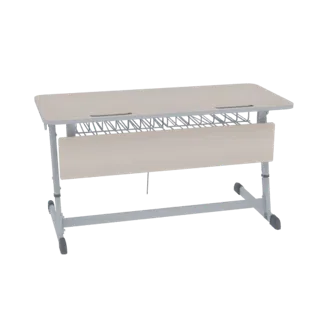 Modèle 3D d'un bureau double étudiant de couleur claire avec un cadre métallique gris, des pieds réglables, une étagère de ra