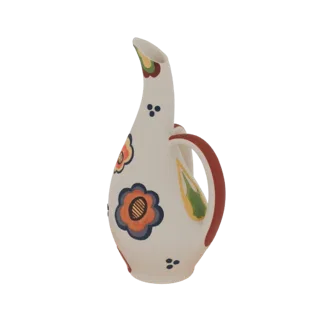 Modello 3D di una brocca in ceramica dipinta a mano con disegni floreali colorati e beccuccio curvo, su sfondo bianco.