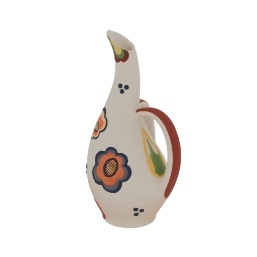 Modèle 3D d'un pichet en céramique peint à la main avec des motifs floraux colorés et un bec courbé, sur fond blanc.