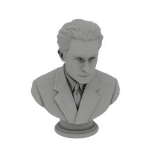 3D-Modell-Rendering einer klassischen Männerbüste mit Anzug und Krawatte, sorgfältig gestyltem Haar, präsentiert auf weißem H