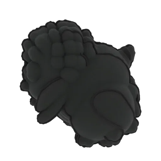 A 3D render of a fluffy black sheep with soft, rounded wool and a gentle expression, presented on a white background.