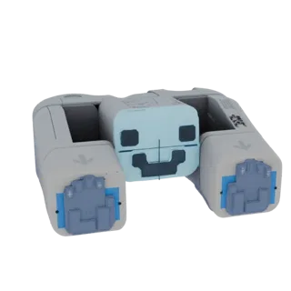 3D model of a sci-fi robot with a light blue face and a grey, detailed body, set against a white background.