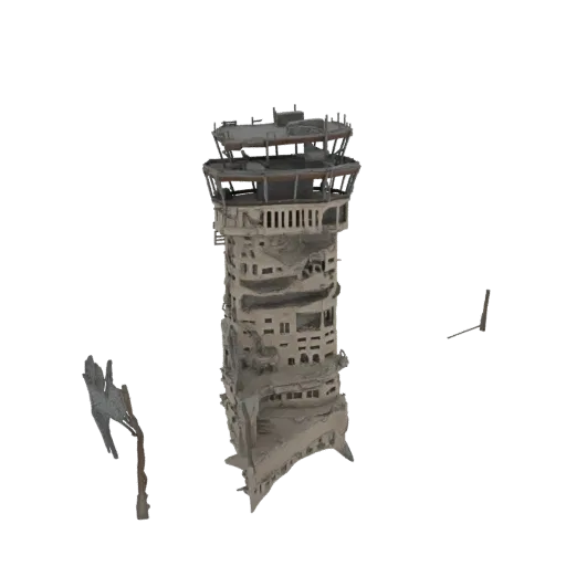 3D model of a tall, ruined concrete control tower with broken windows and debris, set against a black background.