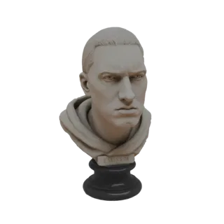 Modello 3D di un busto del rapper Eminem, raffigurato con espressione seria e indosso un capo con cappuccio, montato su una b