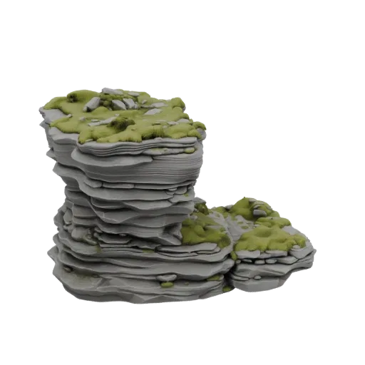 Mossy Stone Outcrop Printable 3D model, isometric tabletop STL render, showing stratified stone, rock faces.
