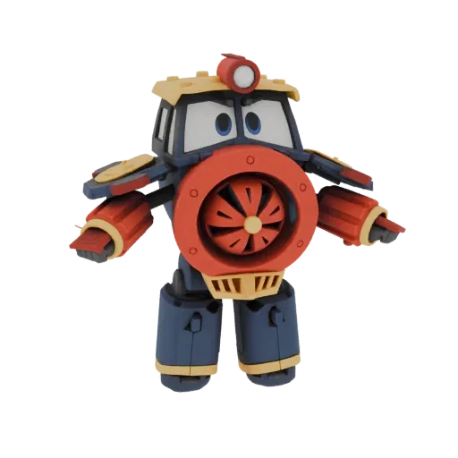 3D model of a blue and red Robo-Train character with a friendly face and mechanical arms and legs, set against a white backgr