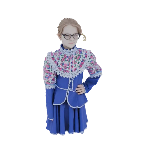 3D model of a young Victorian girl with blonde hair, wearing glasses and a blue floral dress, posing with her hand on her hip.