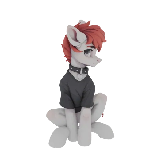 3D model of an anthropomorphic pony character with red hair, wearing a grey t-shirt and a spiked collar, sitting down.