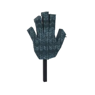 Modelo 3D de luva de tricô escura em pé sobre um suporte de exibição preto, mostrando sua superfície texturizada.
