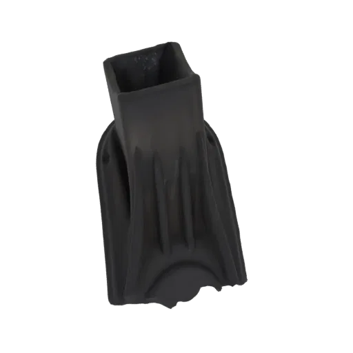 A 3D render of a black nozzle attachment with a square opening and a flared, ridged base, isolated on a white background.