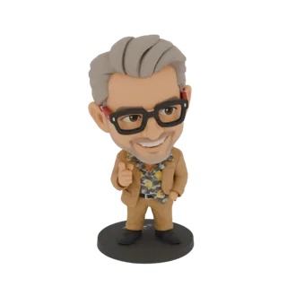 3D model of a chibi man with grey hair, glasses, wearing a tan suit and floral shirt, giving a thumbs-up gesture, standing on