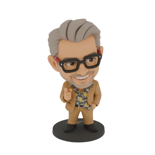 Modelo 3D de homem chibi com cabelo grisalho, óculos, terno bege e camisa floral, fazendo gesto de polegar para cima, sobre b
