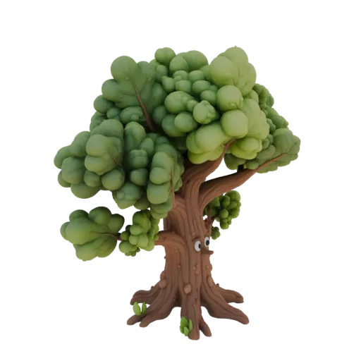 Modèle 3D de chêne cartoon avec un visage amical, une couronne verte luxuriante et des yeux expressifs, sur fond blanc.