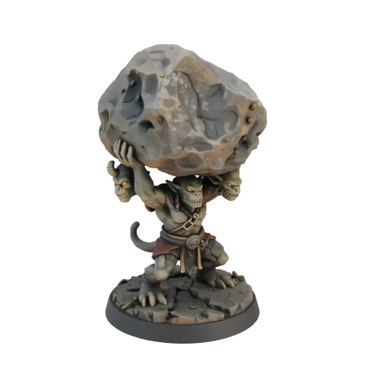 3D model of a ferocious two-headed ettin lifting a huge stone boulder overhead, on a detailed base.