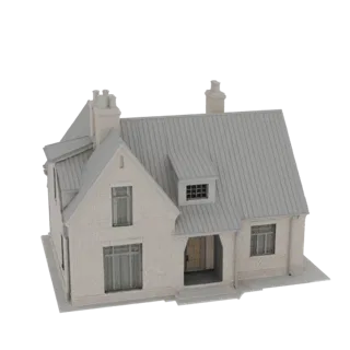 Modelo 3D de uma casa moderna de dois andares em tijolos com telhado de duas águas cinza e uma lucarna, sobre um fundo branco