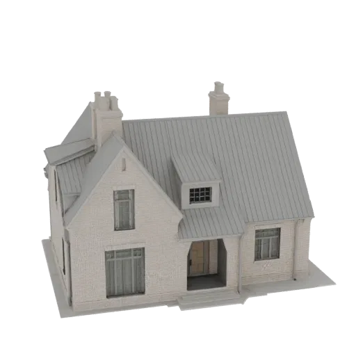 3D-Modell eines modernen zweistöckigen Ziegelhauses mit grauem Satteldach und Gaube, vor weißem Hintergrund.