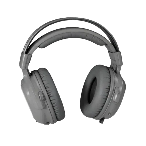 Retro Noise Canceling Headset 3D model, three-quarter front view, Unity viewport, showing soft ear pads, wearable scale.