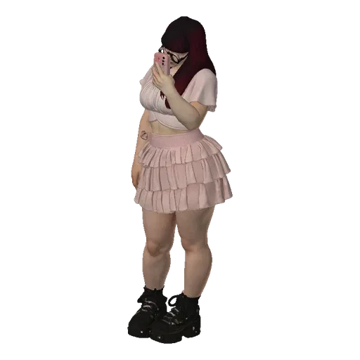 3D model of a chubby girl wearing a pink ruffle skirt and white crop top, holding a pink phone.