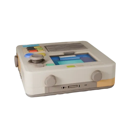 Mini Game Console Stylized 3D model, stylized isometric render, showing matte plastic, console proportions.