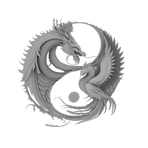 3D model of a dragon and phoenix intertwined in a Yin Yang symbol, rendered in grayscale.