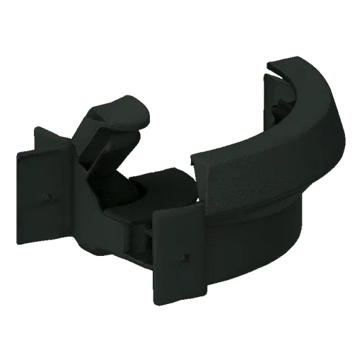 3D model of a black plastic pipe clip with two mounting flanges on the left side and a curved section on the right.