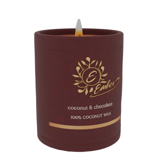 3D model of a maroon Ember Coconut & Chocolate scented candle with a glowing flame.