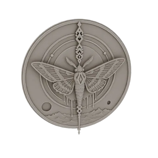 3D model of a circular emblem featuring a detailed moth at the center, surrounded by celestial and mountain motifs.